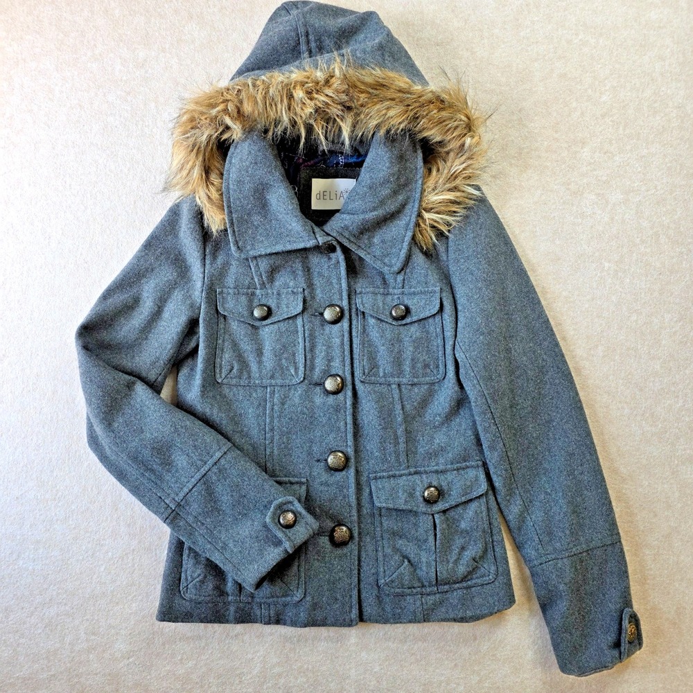 Vintage Y2K dELiA*s Coat Sz M Military Fur Trim Hood Wool Bend Jacket 2000s Prep